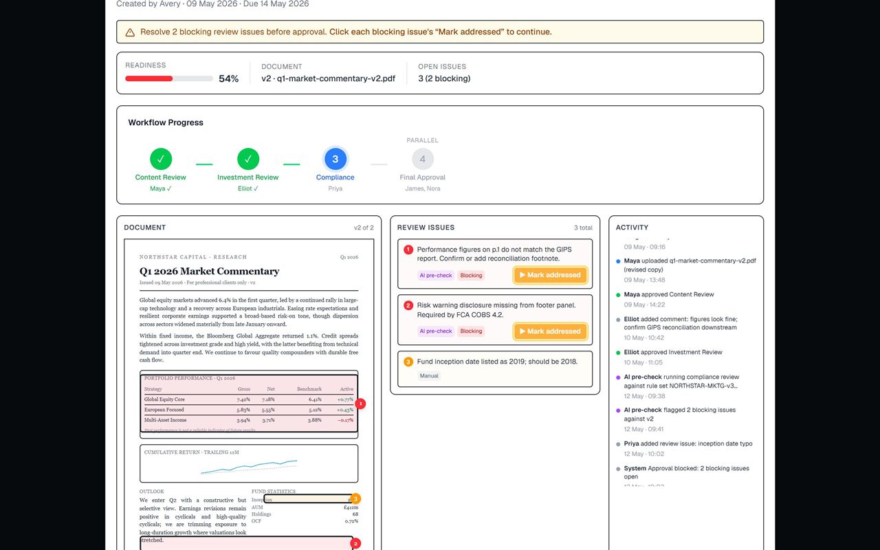 Placet demo: document review with AI-flagged blocking issues, workflow progress, and activity trail
